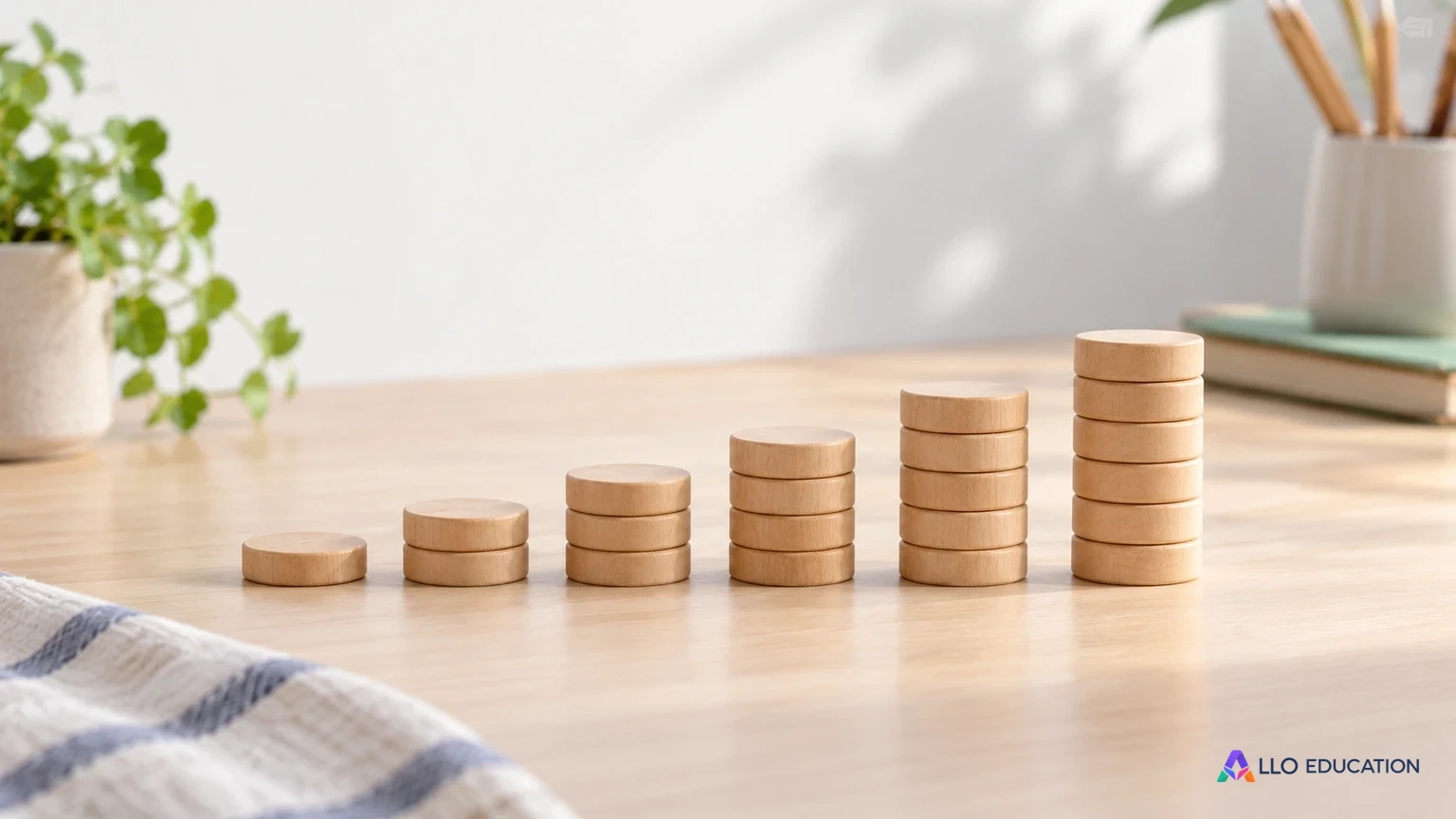 Des piles de jetons évoquent une quantité qui évolue par ajouts successifs.