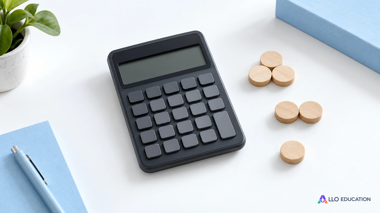 Calculatrice à écran éteint et groupes de jetons de bois sur une table claire.